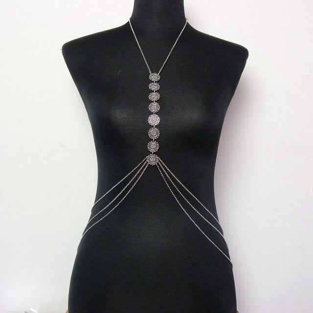 Hot Charming Tassel Body Chain Carving Flower Crossover Sexy Bikini Beach Harness Necklace Ethnic Belt Boho Body Jewelry