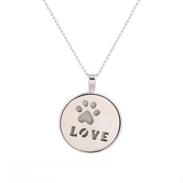 Steampunk Glow In the Dark Necklace Silver Color Luminous Stone Locket Cat Dog Paw Pets Pendant Choker Pendant Necklace Jewelry