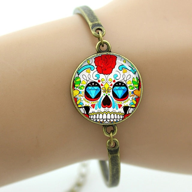 Colorful sugar skull bracelet hipster red floral roses charm skeleton jewelry Day of the Dead Halloween jewellery