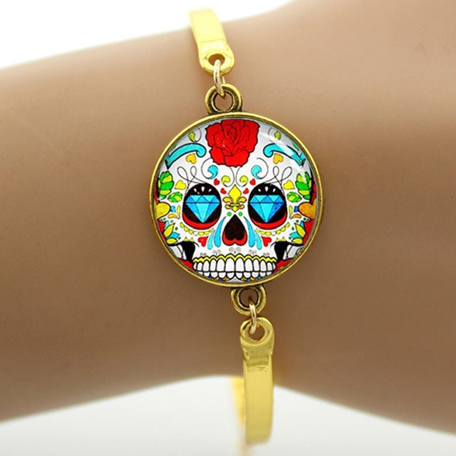 Colorful sugar skull bracelet hipster red floral roses charm skeleton jewelry Day of the Dead Halloween jewellery
