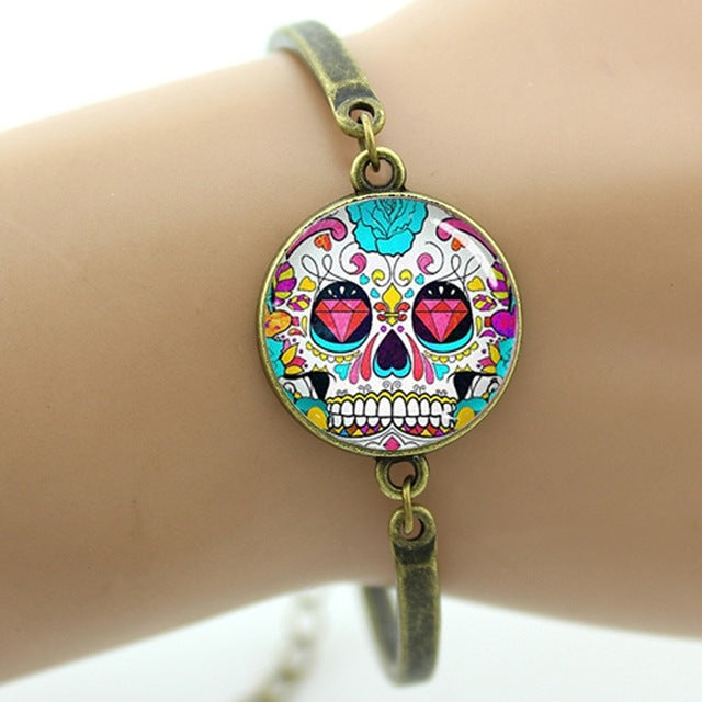 Colorful sugar skull bracelet hipster red floral roses charm skeleton jewelry Day of the Dead Halloween jewellery