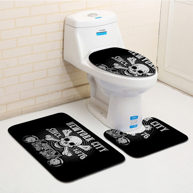 3Pcs Skull Pirate Banyo Paspas Bathroom Carpet U Toilet Bath Mat