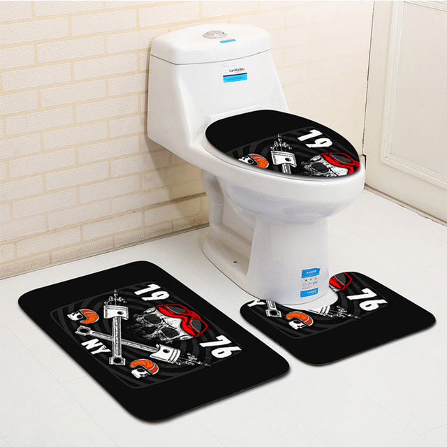 3Pcs Skull Pirate Banyo Paspas Bathroom Carpet U Toilet Bath Mat