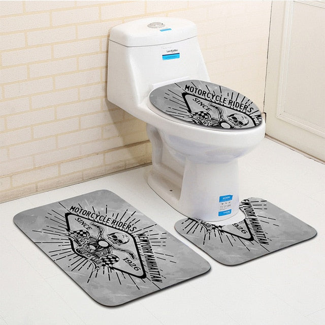 3Pcs Skull Pirate Banyo Paspas Bathroom Carpet U Toilet Bath Mat