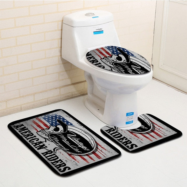 3Pcs Skull Pirate Banyo Paspas Bathroom Carpet U Toilet Bath Mat