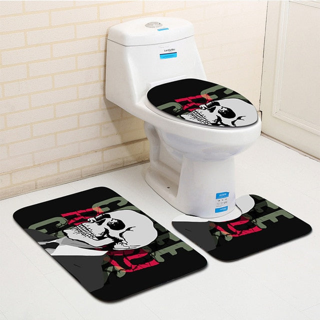 3Pcs Skull Pirate Banyo Paspas Bathroom Carpet U Toilet Bath Mat