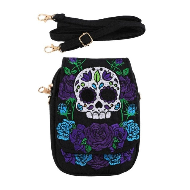 Women Skull Rose Handbag Canvas Embroidery Ethnic Shoulder Bag