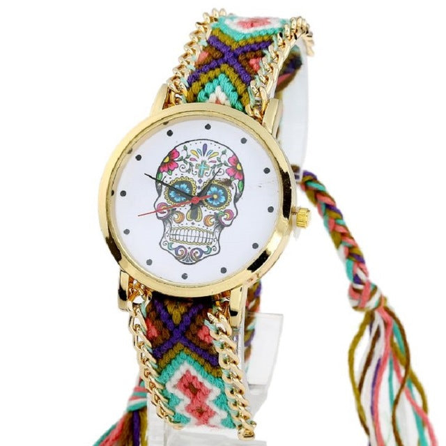 Women vintage Mexican Catrina Style Skull Fashion wristwatch Lace Golden Braided