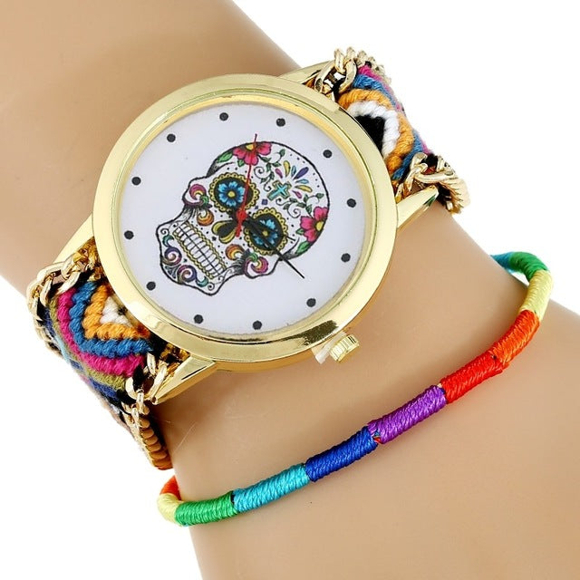 Women Watch Sugar Skull woman dress wristwatch Fashion Hippie Fabric Bracelet Skeleton reloj dama Geneva Style