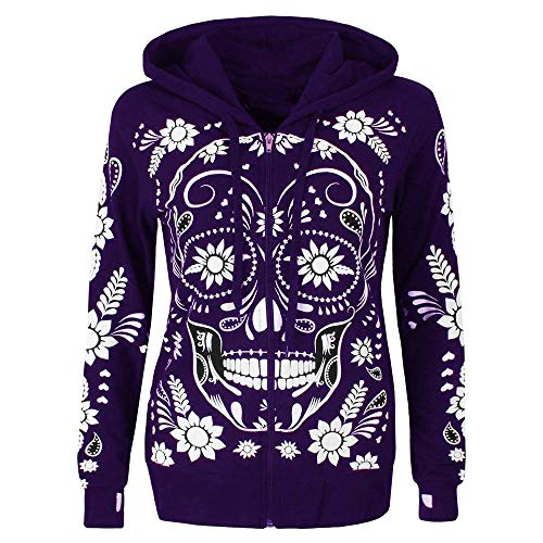 Women Hoodies Zip Up Tops Fashion Skull Flowers