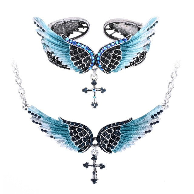 Angel wing cross necklace bracelet sets women biker jewelry birthday gifts women her girlfriend wife mom