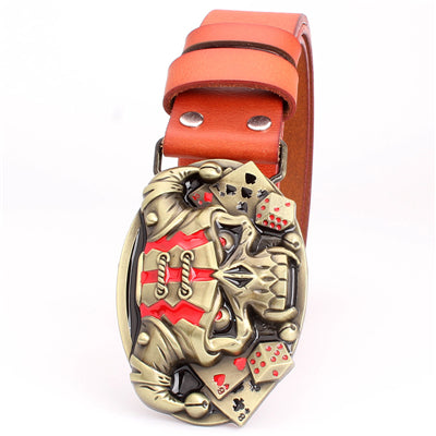Cool belt for men punk belt golden skull buckle Skull clown pattern cow leather Gambler Skeleton hip hop belt men's gift