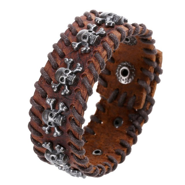 Black Brown Leather Metal Pirate Skull Charms Button Lock Wrap Unisex Bracelets 2 size