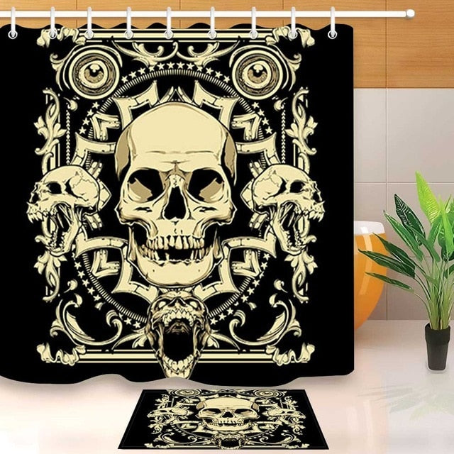 Skull Extra Long Black Shower Curtain And Bath Mat Set
