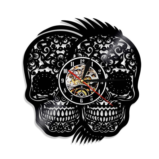 Sugar Skulls Color Changing Vinyl Record Wall Clock Modern Clock