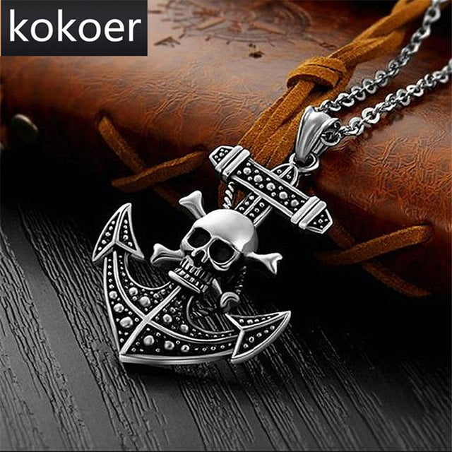 Retro punk men Anchor necklace fashion jewelry stainless steel skull cross pendants necklaces vintage male accessories gift