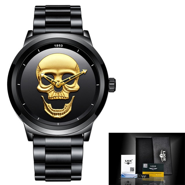 Skull Watches Male Unique Design Men Watch LIGE 2018 Luxury Brand Sports Quartz Military Steel Wrist Watch Men relogio masculino