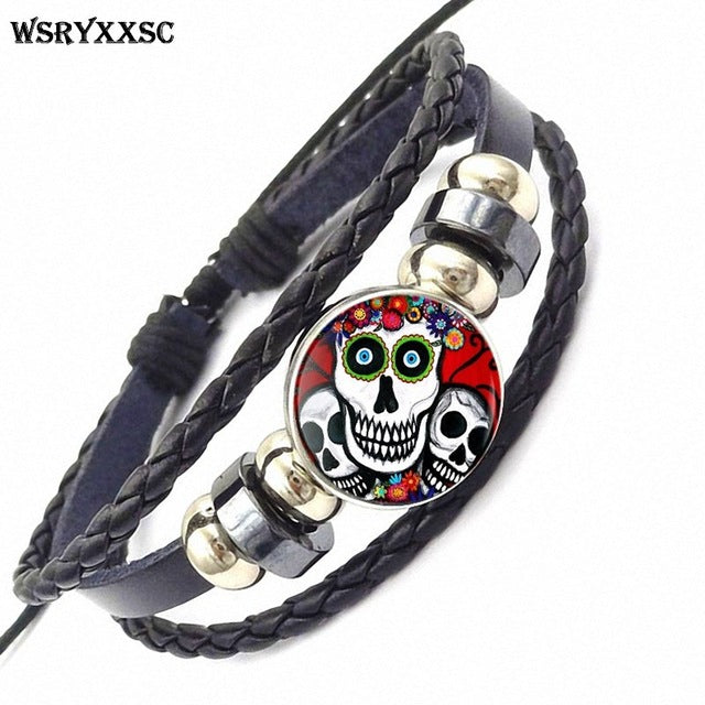 Sugar Skull For Women Girls Handmade New Brand Jewelry With Glass Caochon Black Leather Bracelet Bangle