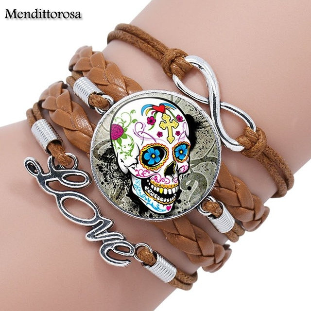 Mendittorosa Mexican Sugar Skull Color Jewelry With Glass Cabochon Multilayer Black/Brown Leather Bracelet Bangle For Women