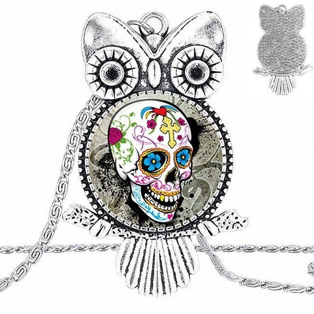 Sugar Skull Design Fashion Vintage Glass Women Owl Necklace