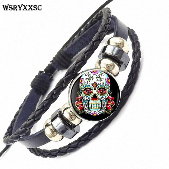 Sugar Skull For Women Girls Handmade New Brand Jewelry With Glass Caochon Black Leather Bracelet Bangle