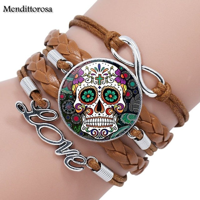 Mendittorosa Mexican Sugar Skull Color Jewelry With Glass Cabochon Multilayer Black/Brown Leather Bracelet Bangle For Women