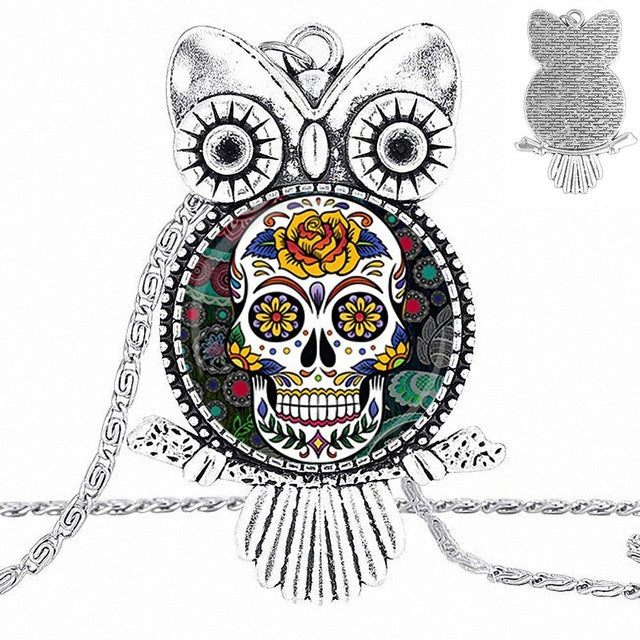 Sugar Skull Design Fashion Vintage Glass Women Owl Necklace