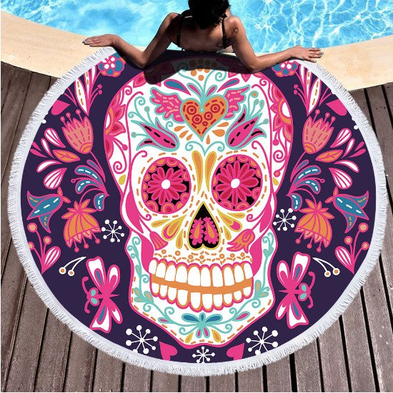 New Popular Sugar Skull Printed Large Round Beach Towel for Adults Microfiber Summer Towel Yoga Mat 150cm Beach Blanket