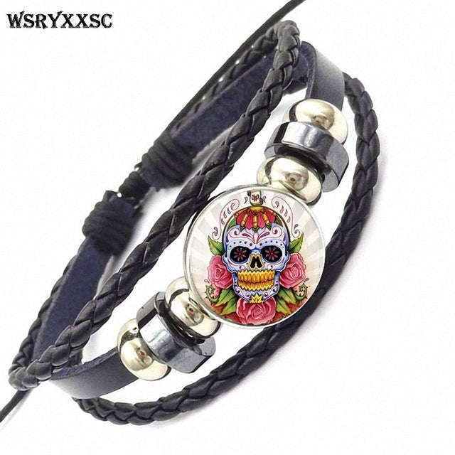 Sugar Skull For Women Girls Handmade New Brand Jewelry With Glass Caochon Black Leather Bracelet Bangle