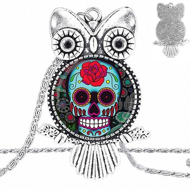 Sugar Skull Design Fashion Vintage Glass Women Owl Necklace