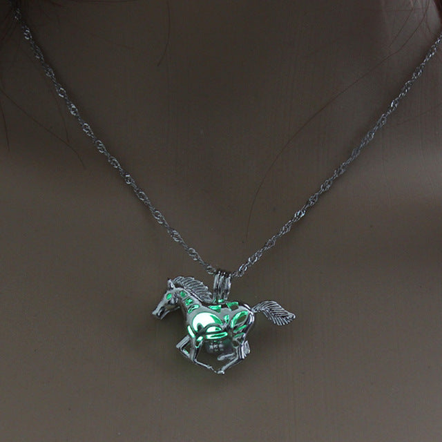 Luminous Horse Skull Pineapple Rose Necklace Pendant Hollow Long Silver Chain Link Pendants Sweater Necklace