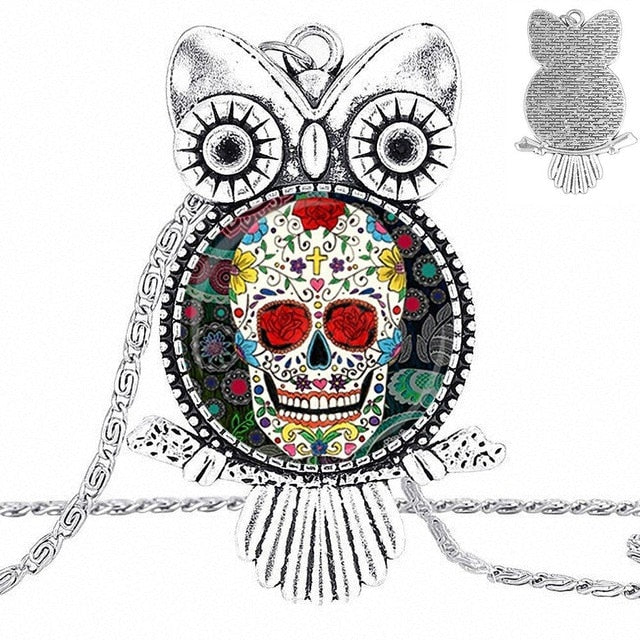 Sugar Skull Design Fashion Vintage Glass Women Owl Necklace