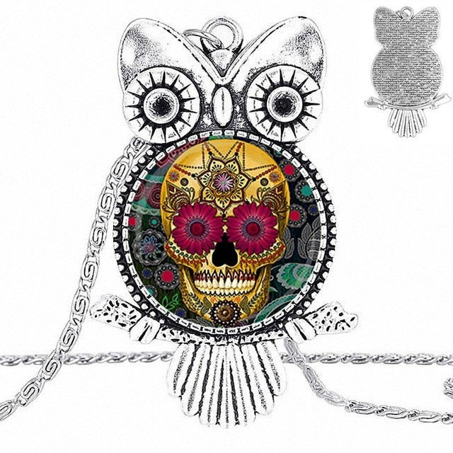 Sugar Skull Design Fashion Vintage Glass Women Owl Necklace