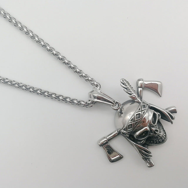 Feather skull pendant necklace 316L Stainless steel