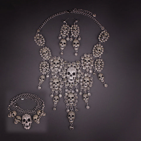 Individuality Rhinestones Skeleton Necklace Earrings Sets Vintage Skull Jewelry Sets Retro crystal Jewellery Set Gift for Women