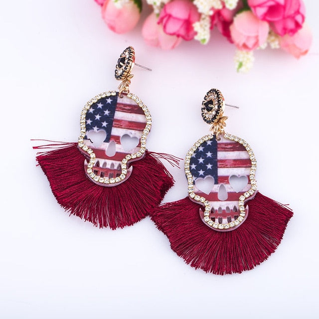 Fashion Women Multicolored Skull Pendant Fringed Earrings