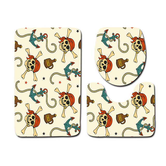 3Pcs Skull Pirate Banyo Paspas Bathroom Carpet U Toilet Bath Mat