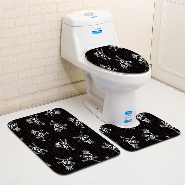3Pcs Skull Pirate Banyo Paspas Bathroom Carpet U Toilet Bath Mat