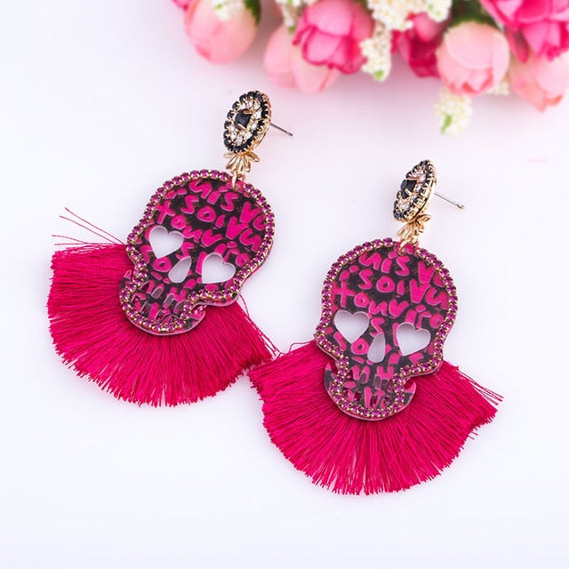 Fashion Women Multicolored Skull Pendant Fringed Earrings