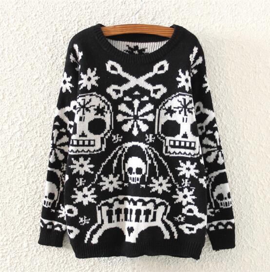 Women Pullovers Skull Design Female O Neck Outwear Loose Black Sweater Solid Cotton Loose Knitted Casual Pullovers Sweater