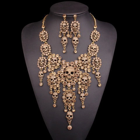 Individuality Rhinestones Skeleton Necklace Earrings Sets Vintage Skull Jewelry Sets Retro crystal Jewellery Set Gift for Women