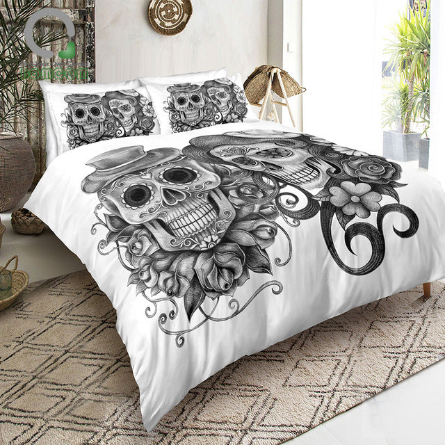 BOMCOM 3D Digital Printing Sugar Skull Day Of The Dead Kissing Skulls Best Friends 100% Microfiber White