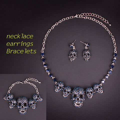 New Rhinestones Skeleton Necklace Earrings Bracelets Sets Vintage Skull Jewelry Sets Retro Party Costume Jewellery Set for Women