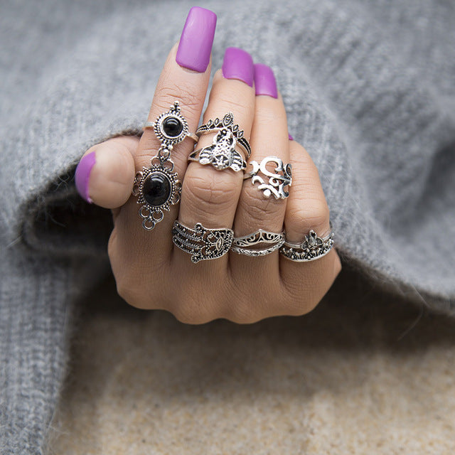 7 Style Vintage Knuckle Rings for Women Boho Geometric Flower Crystal Ring Set Bohemian Midi Finger Jewelry Bague Femme