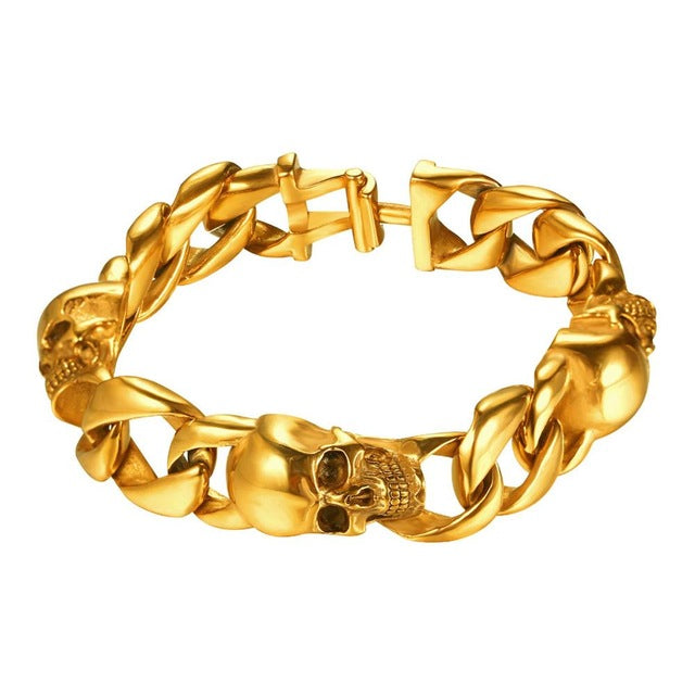 Skull Bracelet Men Stainless Steel Halloween Jewelry Punk Skeleton Link Hand Chain Gold/Black Color Gothic Bracelet