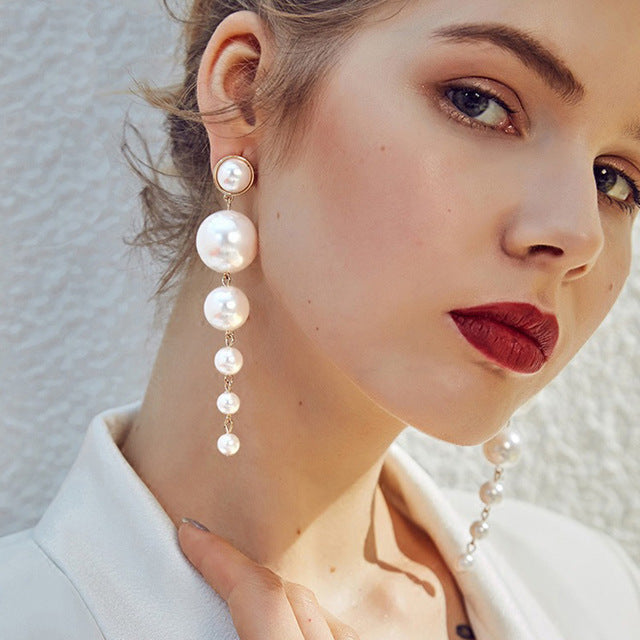 Trendy Elegant Created Big Simulated Pearl Long Earrings Pearls String Statement Dangle Earrings For Wedding Party Gift