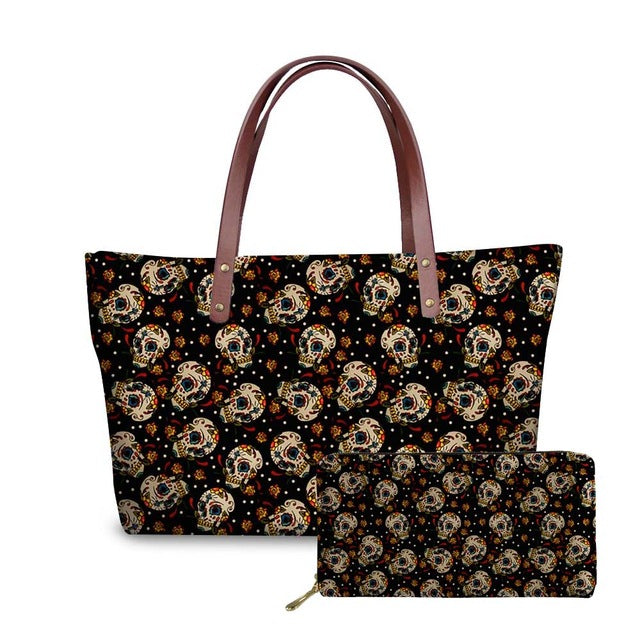Set of 2 Handbag&Wallet Women Sugar Skull Printing