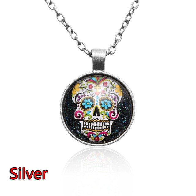 1 Pc Cabochon Glass Silver/Bronze/Black Pendant Sugar Skull Steampunk Necklaces Nice Exquisite Unique Gift  for Women
