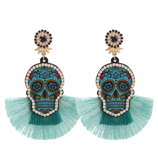 Fashion Women Multicolored Skull Pendant Fringed Earrings