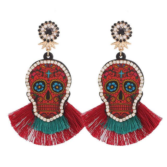 Fashion Women Multicolored Skull Pendant Fringed Earrings